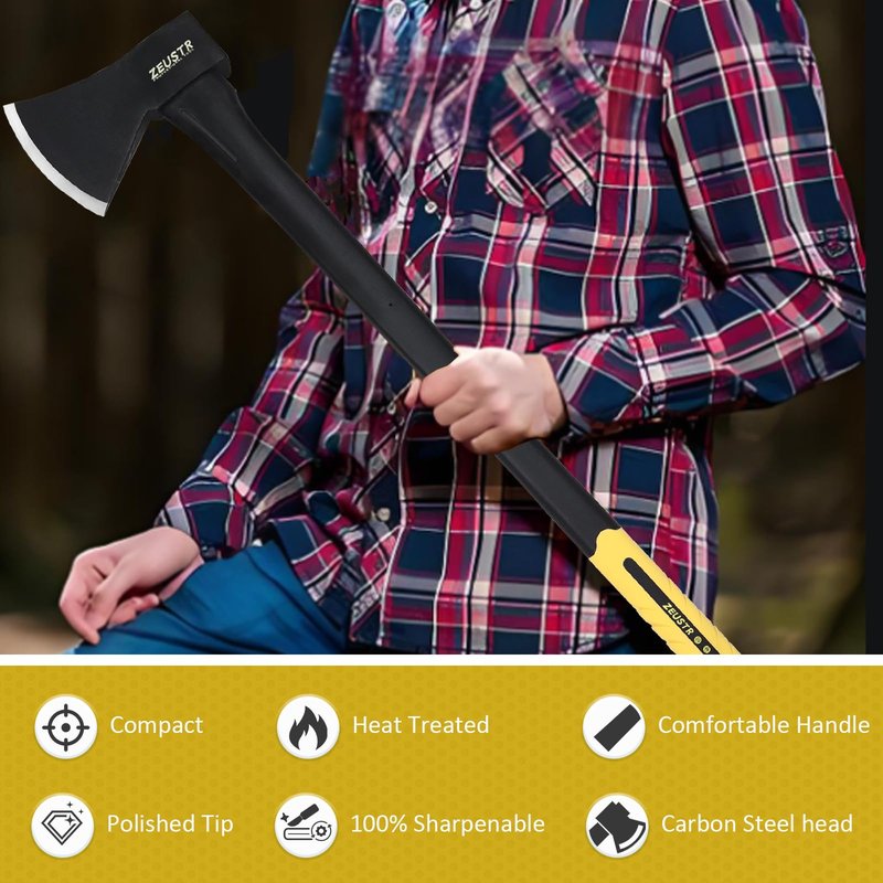 ZEUSTR 36” Long Camping Axe, Forged Steel Blade with Shock-Absorbing Handle, Outdoor Hatchet for Camping&Kitchen, Wood Chopping and Kindling