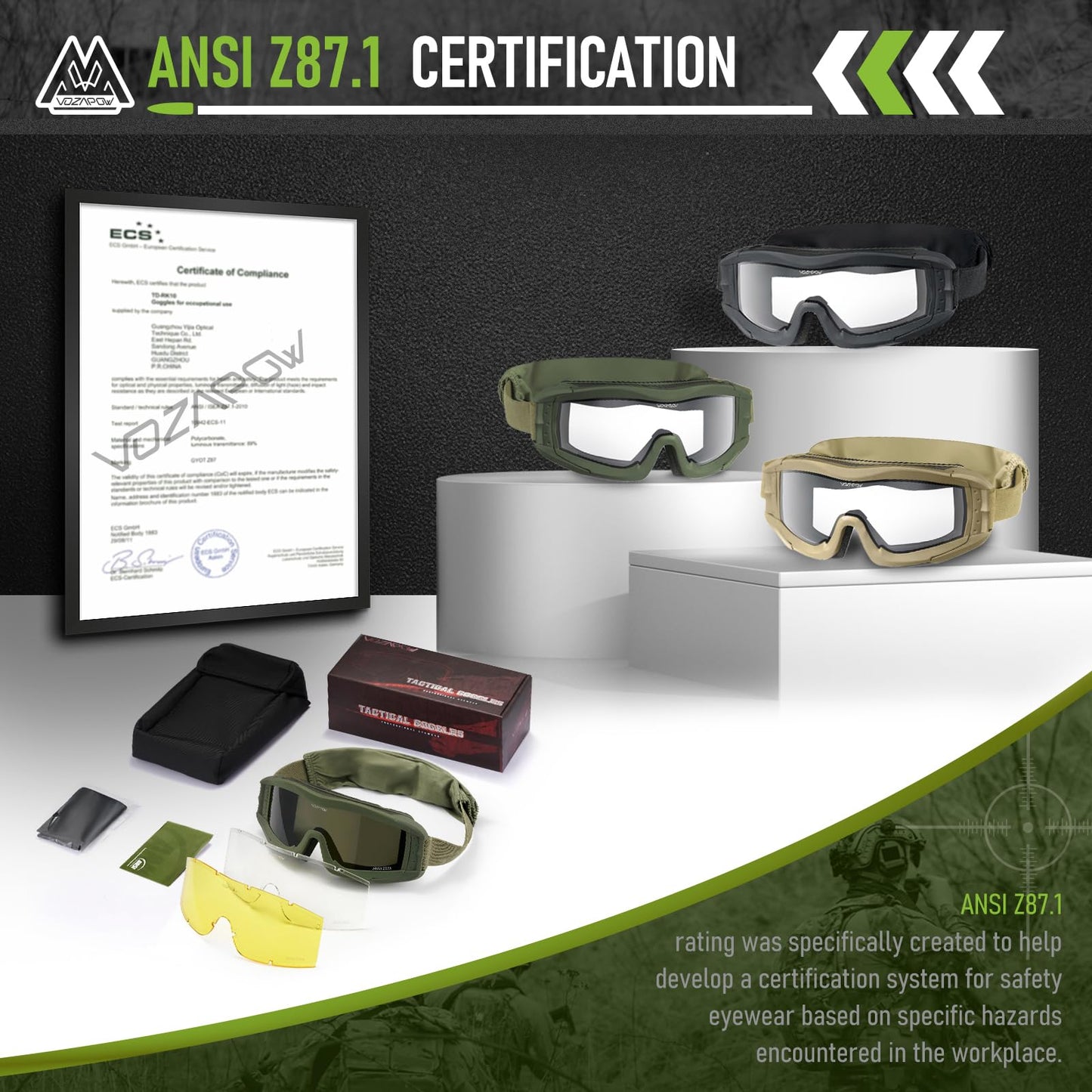 VOZAPOW Airsoft Goggles Anti Fog, Tactical Safety Goggles ANSI Z87+ Rating