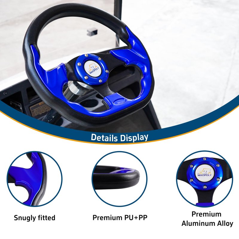 Mixopoly 12.5" Universal Golf Cart Steering Wheel fits Club Car DS/Precedent/Onward/Tempo, Yamaha, and EZGO TXT/RXV Golf Cart, Anti-Slip and Good Grip (D-Shape, Blue)