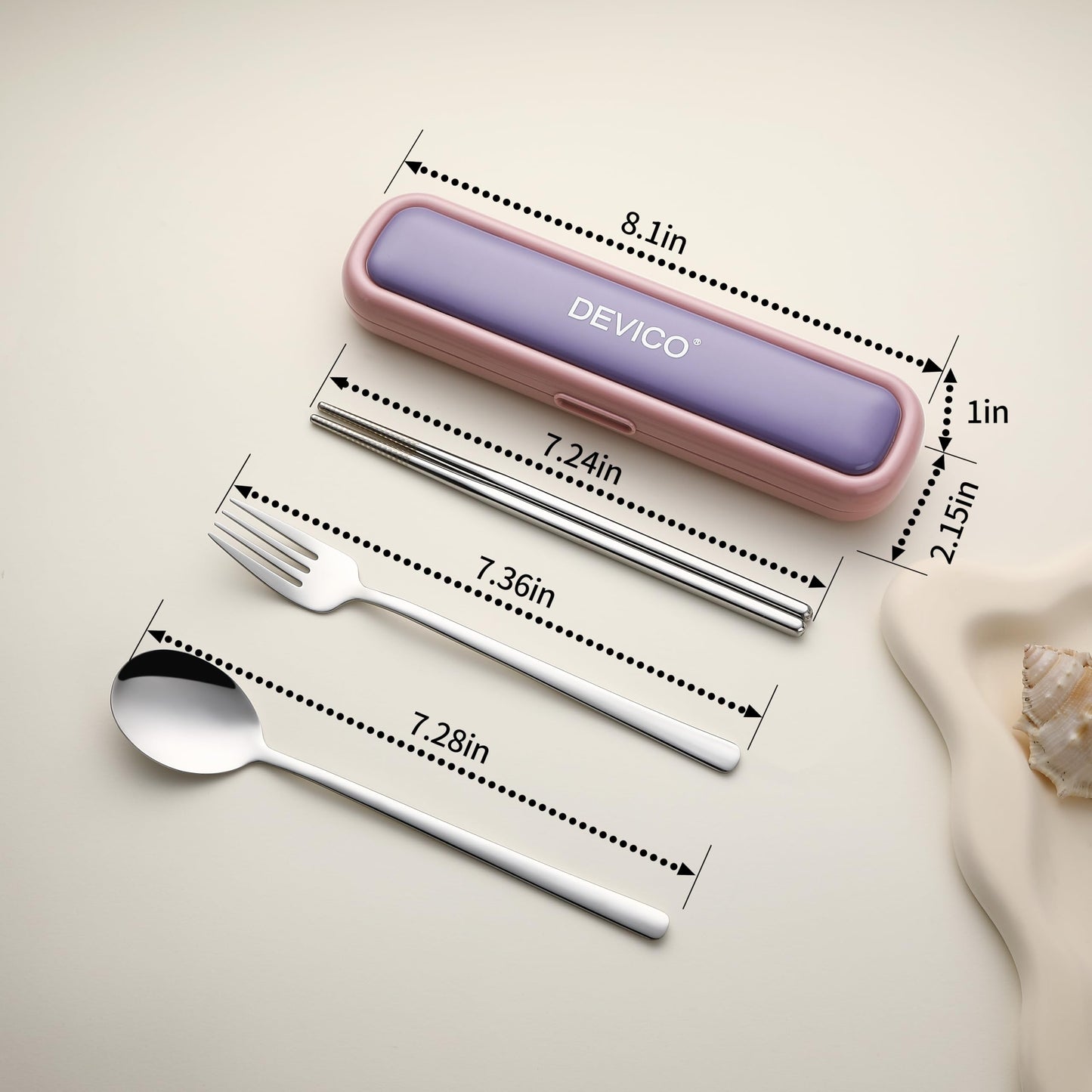 Utensils for Lunch Box, DEVICO Travel Silverware Set with Case, Portable Camping Cutlery, 18/8 Stainless Steel Reusable Korean Spoon Fork Chopsticks for School, Office, Dishwasher Safe (Pink-Purple)