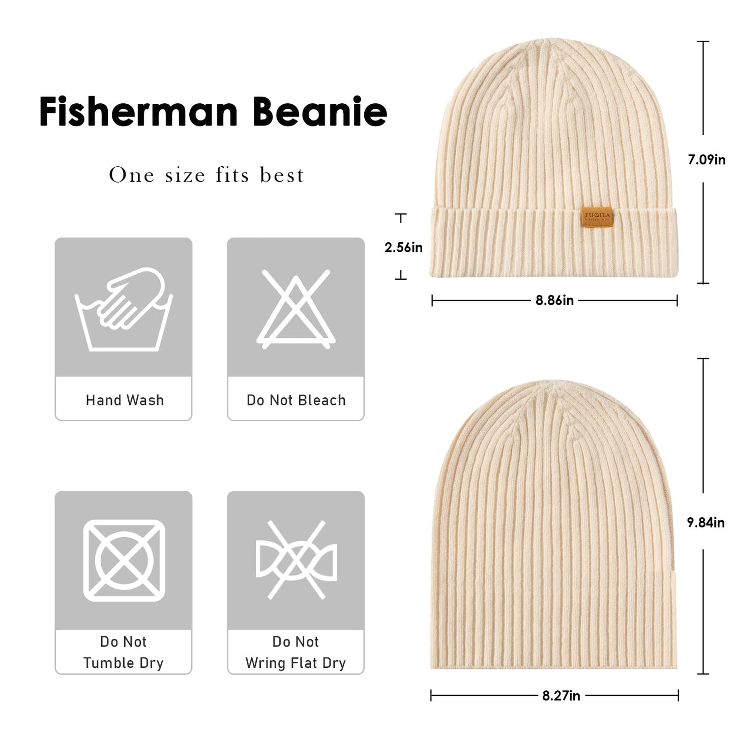 FUQILA 100% Merino Wool Fisherman Beanie Hat, Unisex Warm Winter Hats, Soft Breathable & Cozy Stretchy Knitted Short Cuffed Cap (Dark Grey)