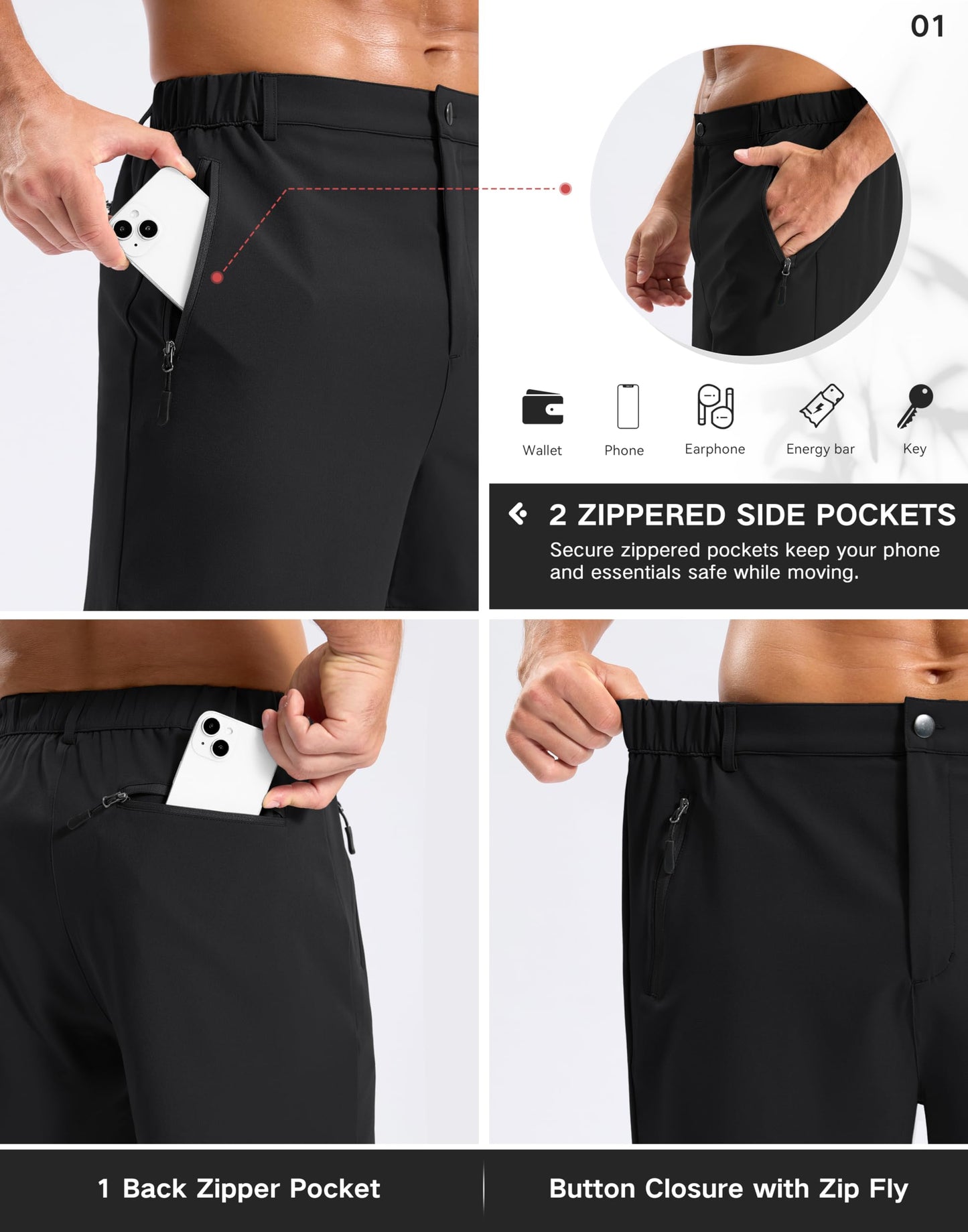 Pudolla Mens Hiking Shorts 5"/7"/9" Lightweight Quick Dry Casual Golf Shorts for Men Work Fishing with 3 Zipper Pockets(Black 9 Inseam-S)