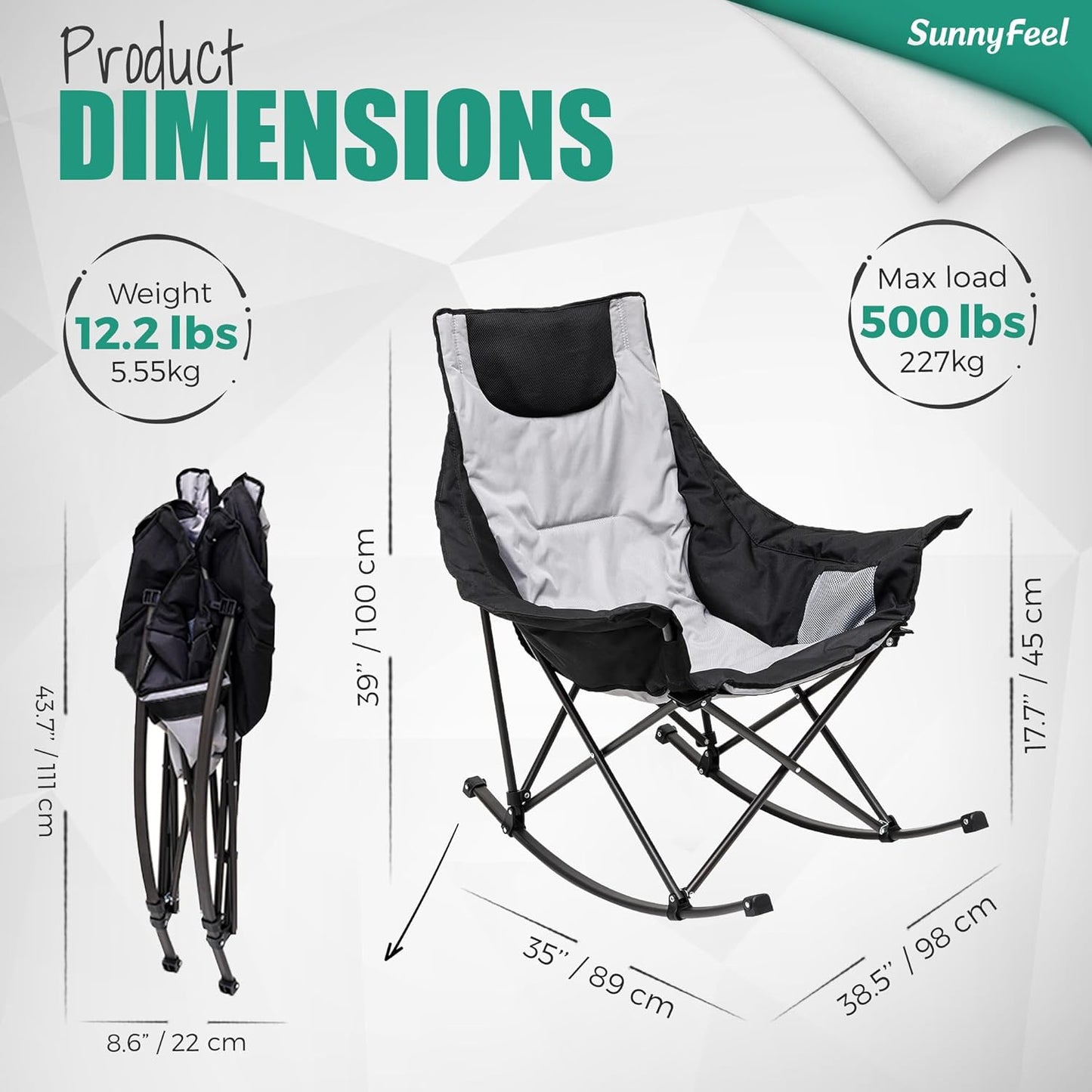 SUNNYFEEL Oversized Rocking Camping Chair - Fully Padded High Back Recliner with Side Pocket | Supports 500 LBS