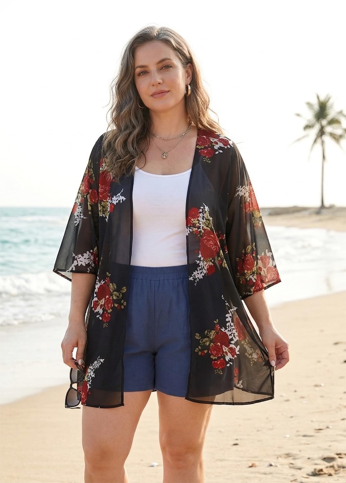 Women's Floral Print Short Sleeve Shawl Chiffon Kimono Cardigan Casual Blouse Tops(Black S)