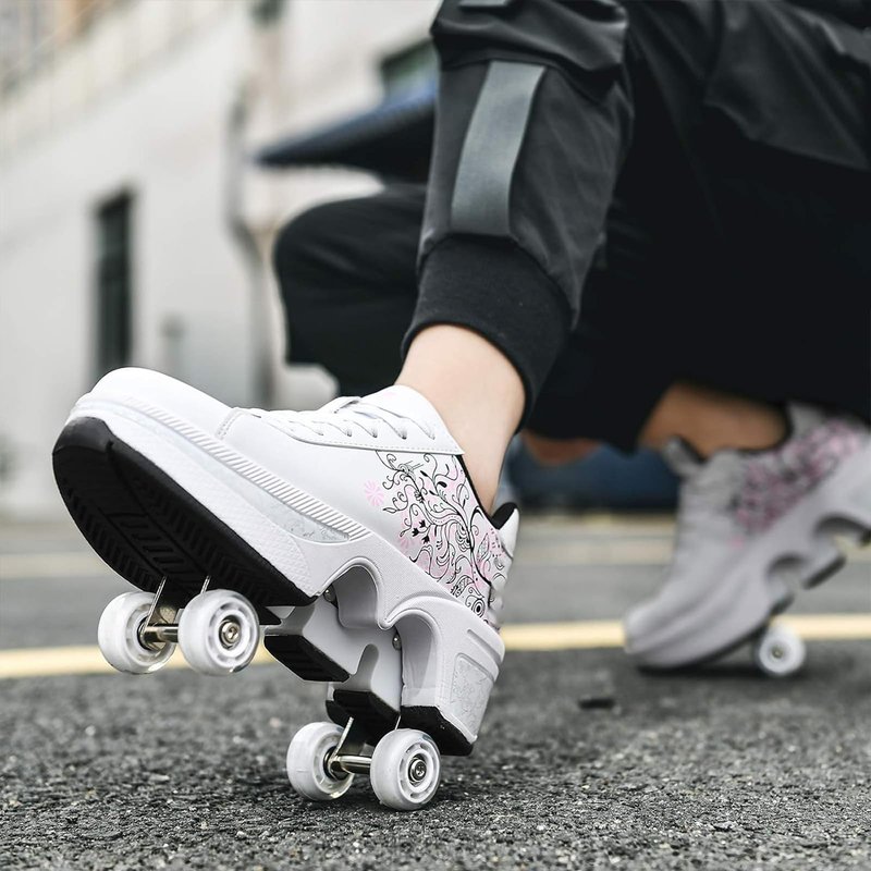 Roller Skate Shoes for Men Women, 2-in-1 Double-Row Deform Wheel Roller Skates, Boy Girl Sneakers with Removable Wheels, Indoor Outdoor Skates Shoes (White Pink, US 5.5)