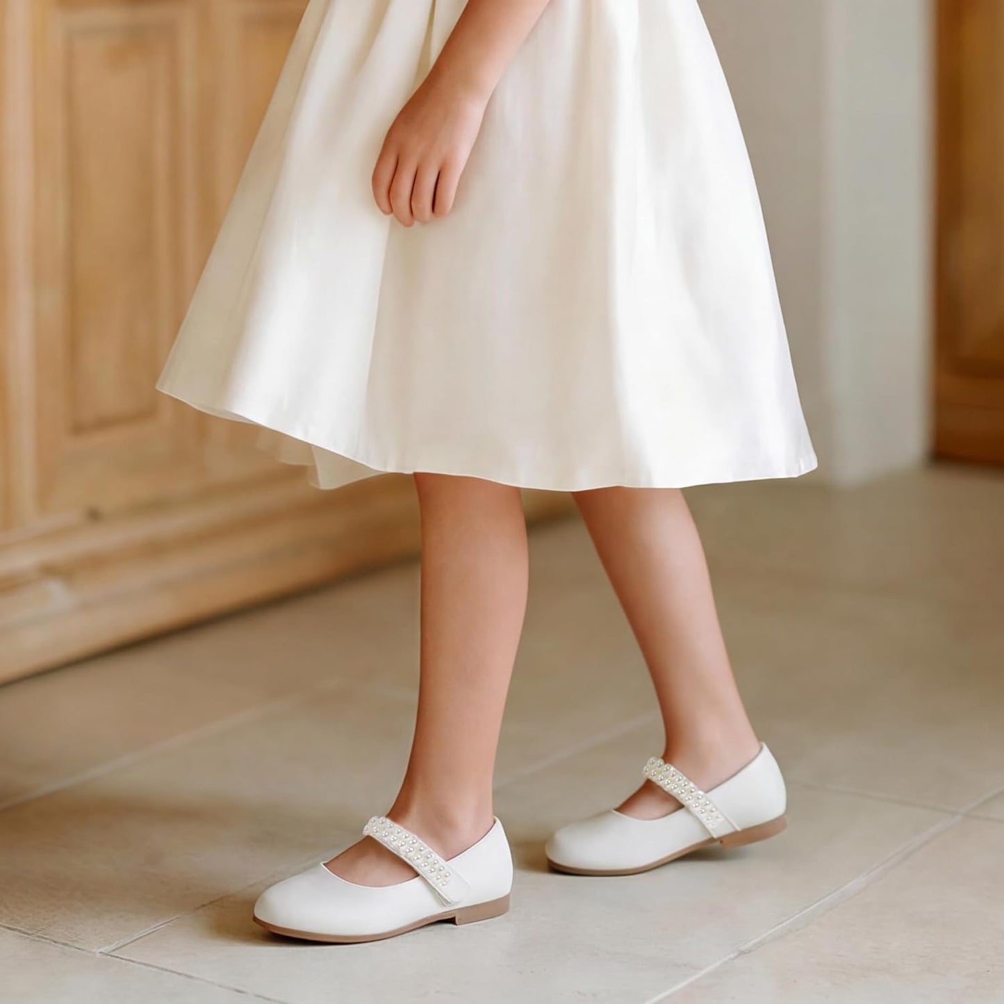 PANDANINJIA Ballet Flats for Girls - Elegant Pearl-Embellished Wedding & Party Shoes | Toddler to Little Kid Sizes