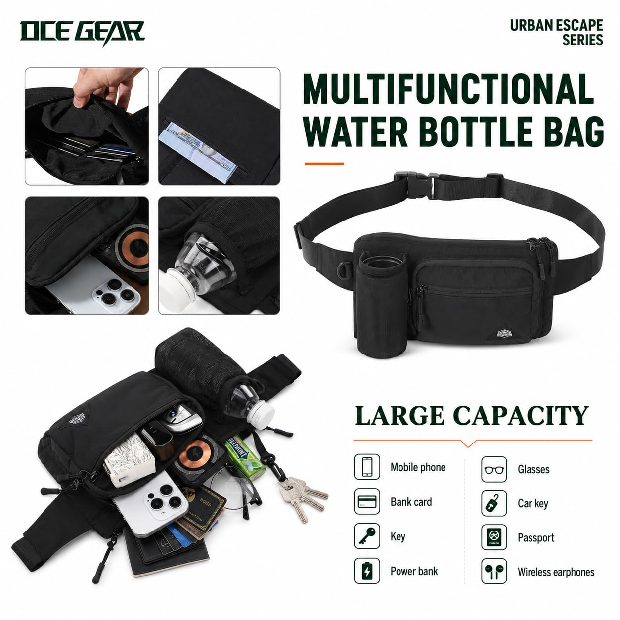 OCE GEAR Waist Pack with Water Bottle Holder for Men Women Waist Bag Running Waist Pack Waterproof for Outdoor Travel Cycling Climbing Walking Fit All Phones (Bottle Not Included)(Black)