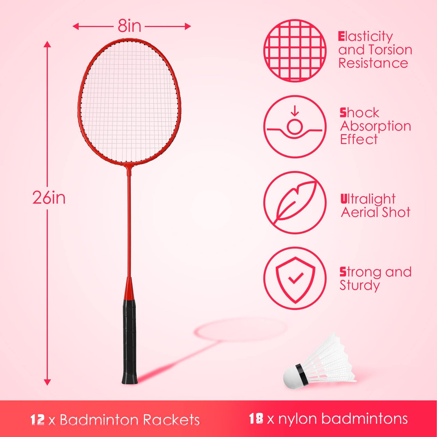 Wettarn 12 Pcs Badminton Rackets with 18 Nylon Badminton, Badminton Racquet Bulk, Shuttle Badminton Set for Adults Teenagers Youth Beginners Advanced Player Backyard Gym Beach Outdoor (Red)