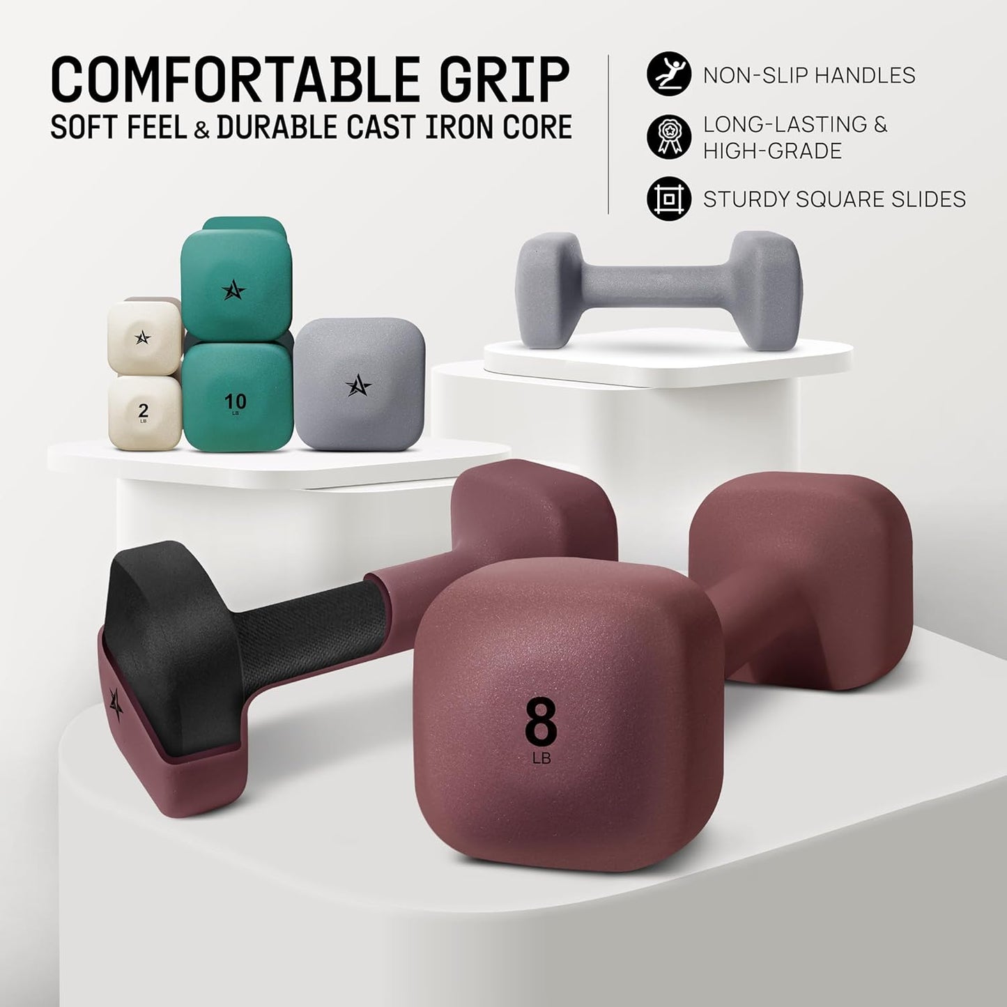 Yes4All Square Neoprene Dumbbell Set - Anti-Roll, Anti-Slip Hand Weights for Home Gym | 2lb - 20lb, 4 Colors