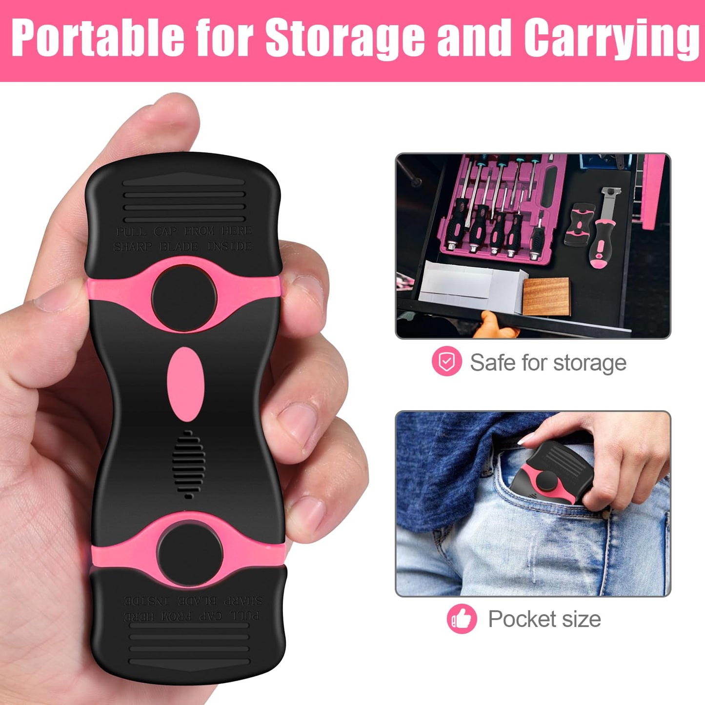 NECAMOCU 4 Pack Razor Blade Scraper, Premium Cleaning Scraper Tool with 50 PCS Metal & Plastic Razor Blades, Multi-Purpose Glass Scraper for Windows, Sticker, Decals, Cooktop, Paint Removal (Pink)