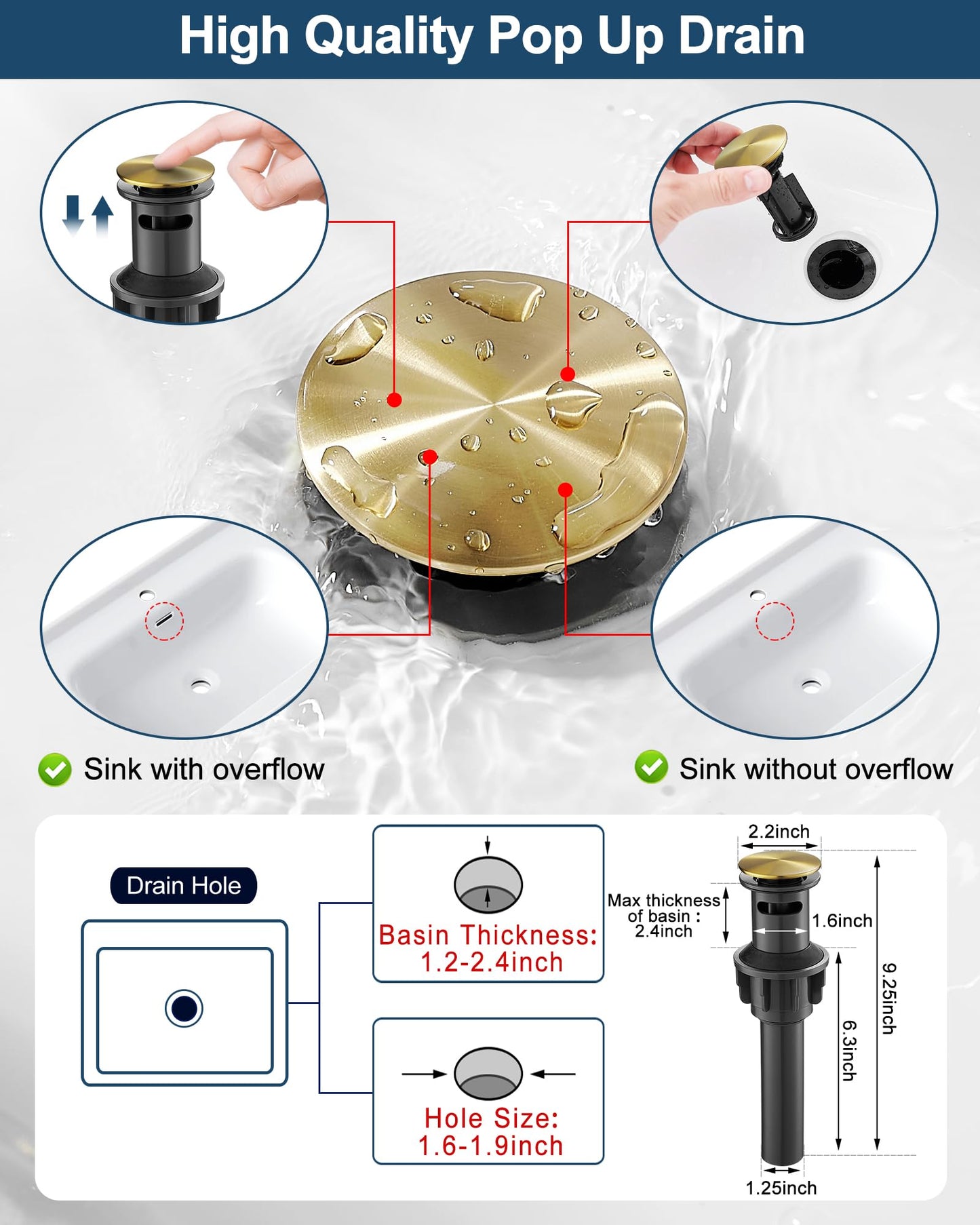 HOIGY Brass Waterfall Faucet, Brushed Gold Bathroom Faucet, Single Handle for One Hole or 3 Holes 4 Inch with Pop-Up Drain, Pre-Installed Supply Hoses and Deck Plate for Vanity RV Farmhouse Modern