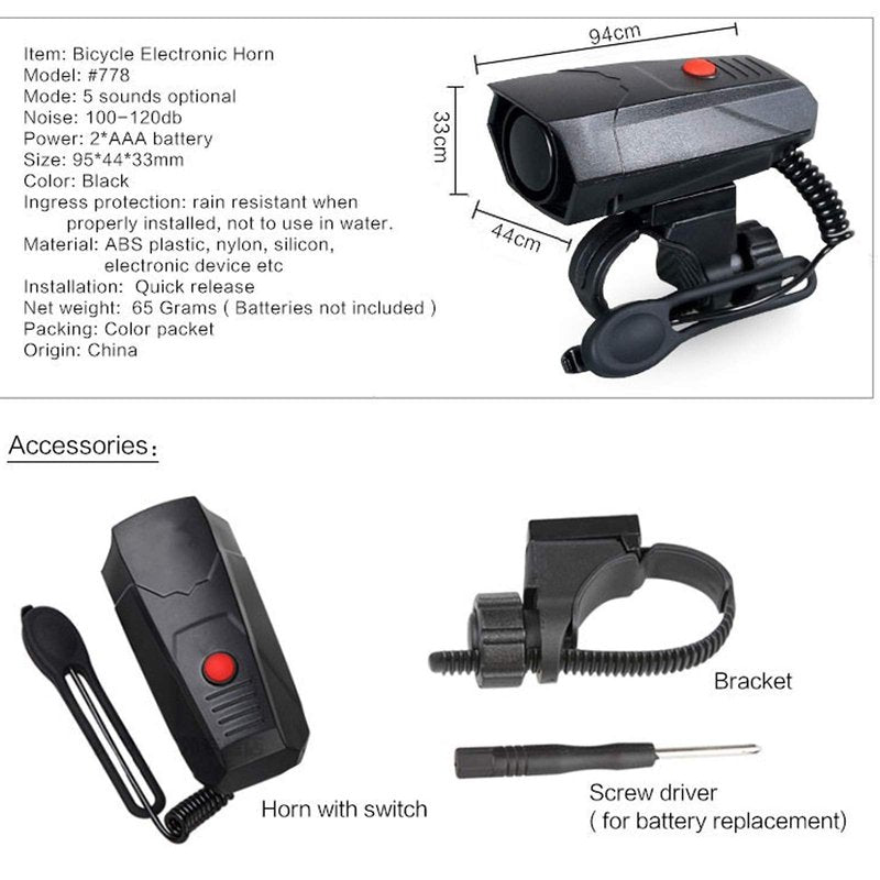 120dB Bike Horn Alarm - 5 Sound Modes, Loud Electric Bicycle Bell for Kids/Adults, Universal Handlebar Mount