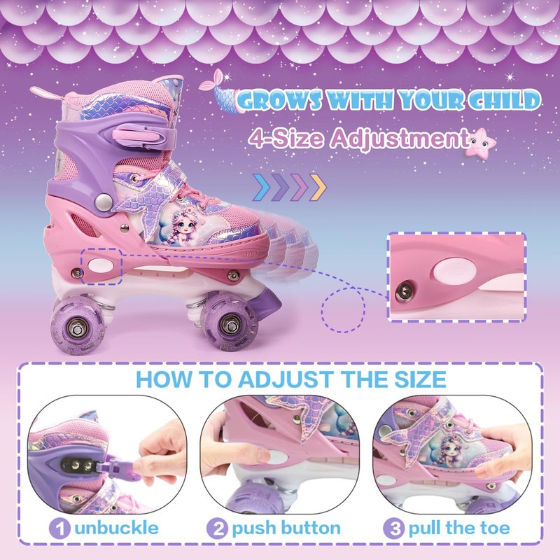 Adjustable Mermaid Roller Skates for Kids Girls with LED Light Up Wheels | Indoor Outdoor Skates for Kids Beginners | Protective Gear Set Included | Birthday Gift (Purple Pink)