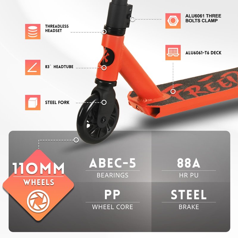 FREEDARE Pro Stunt Scooter for Kids & Teens 8 Years Old Above, Intermediate Riders, 110mm PU Wheels, Freestyle Kick Scooter for Tricks, Orange