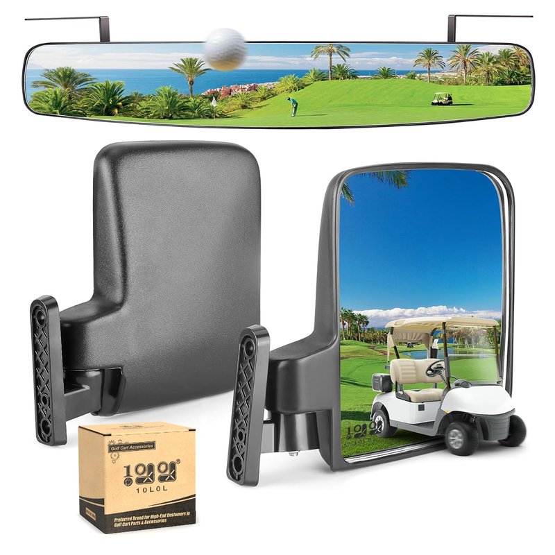 10L0L Newest Golf Cart Mirrors, Folding Side and Panoramic Rear View Mirror Kit for Yamaha Club Car EZGO, Eliminate Blind Spots Clear Convex Style