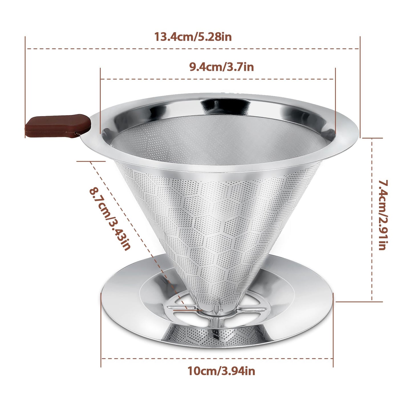 Pour Over Coffee Dripper, LOOFORE Stainless Steel Coffee Filter, Metal Cone Filter Paperless Reusable Coffee Filter Single Cup Coffee Maker 1-2 Cup, with Spoon and Silicone Tray, Cleaning Brush