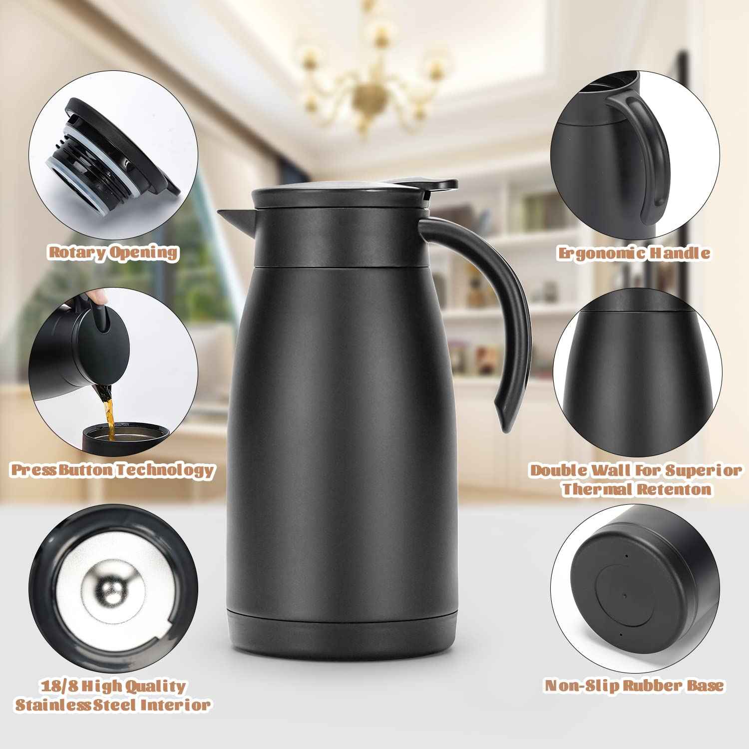 Olerd 34 Oz Thermal Coffee Carafe, Stainless Steel Insulated Vacuum Coffee Carafes For Keeping Hot, 1 Liter Tea, Water, and Coffee Beverage Dispenser(Black)