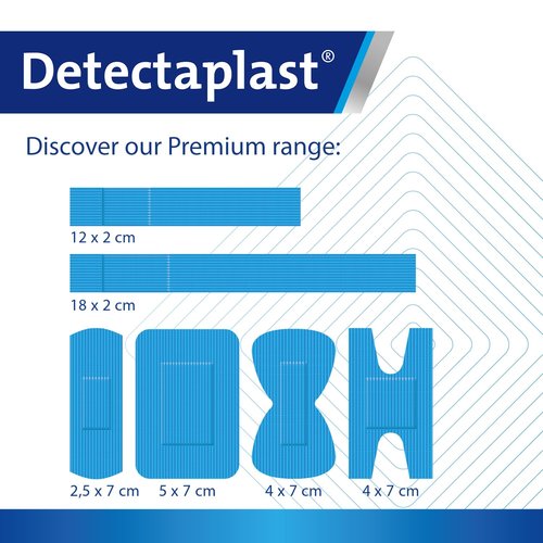 Detectaplast Blue bandaids Premium, Metal detectable and Waterproof bandaids, Essential for Catering First aid kit in Food handling environments, Kitchen aid, 0,98 x 2,83 inches, 100 Strips