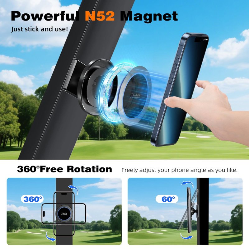 Roykaw Magnetic Golf Cart Phone Holder Compatible with MagSafe iPhone Holder 12/13/14/15/16, Portable Push Cart Phone Mount for Gym, Compatible with EZGO/Club Car/Yamaha & All Metal-Body