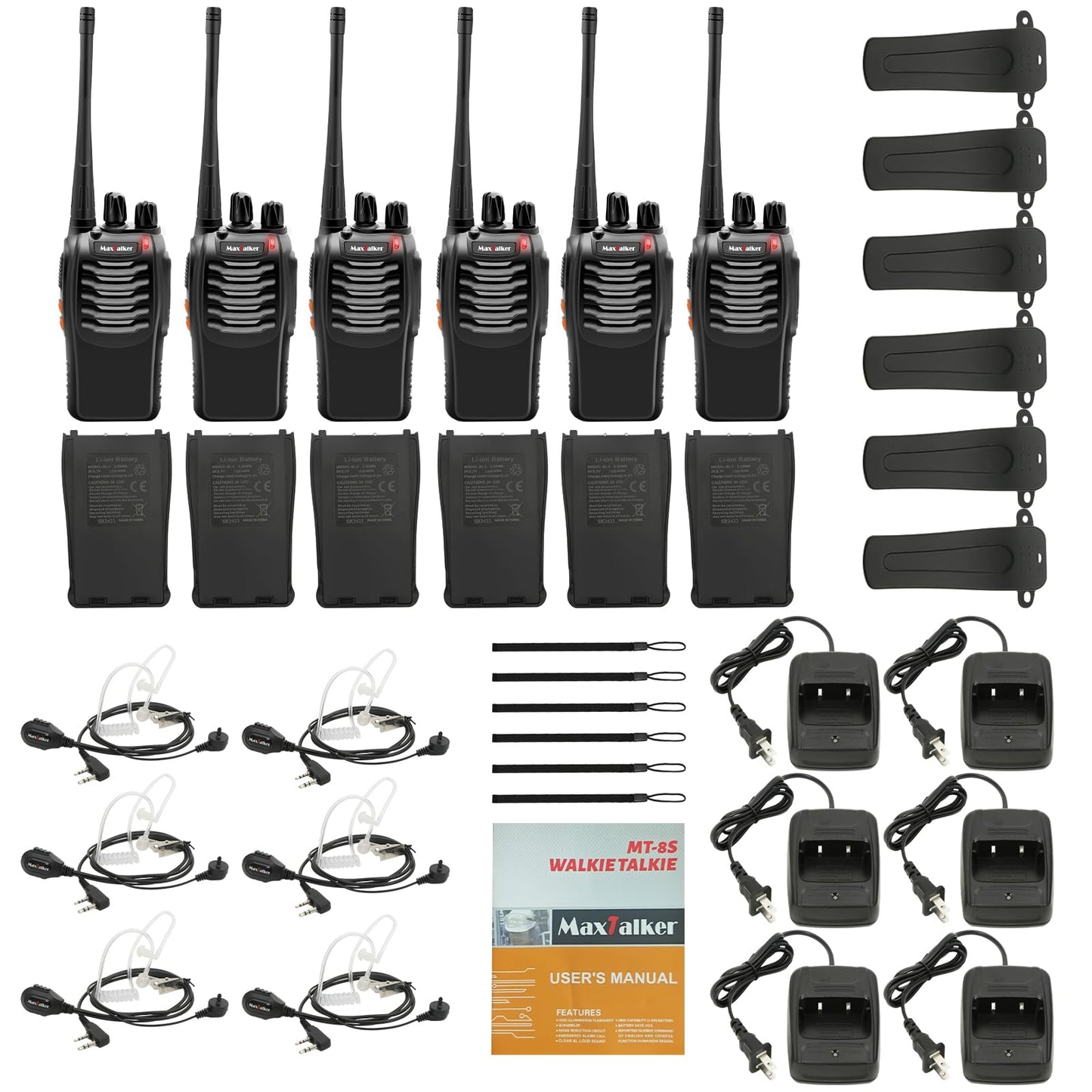 Radios Walkie Talkies Long Range: MaxTalker MT-8S Rechargeable Walkie Talkies with Earpiece, VOX, Flashlight,1500mAh Battery, Walkie Talkie for Adults, Work, Camping Essentials, 6 Pack