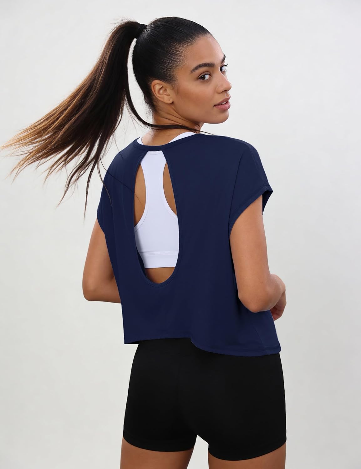 Totatuit Women's Open Back Workout Tops - Oversized Crop Gym Shirt for Running & Yoga