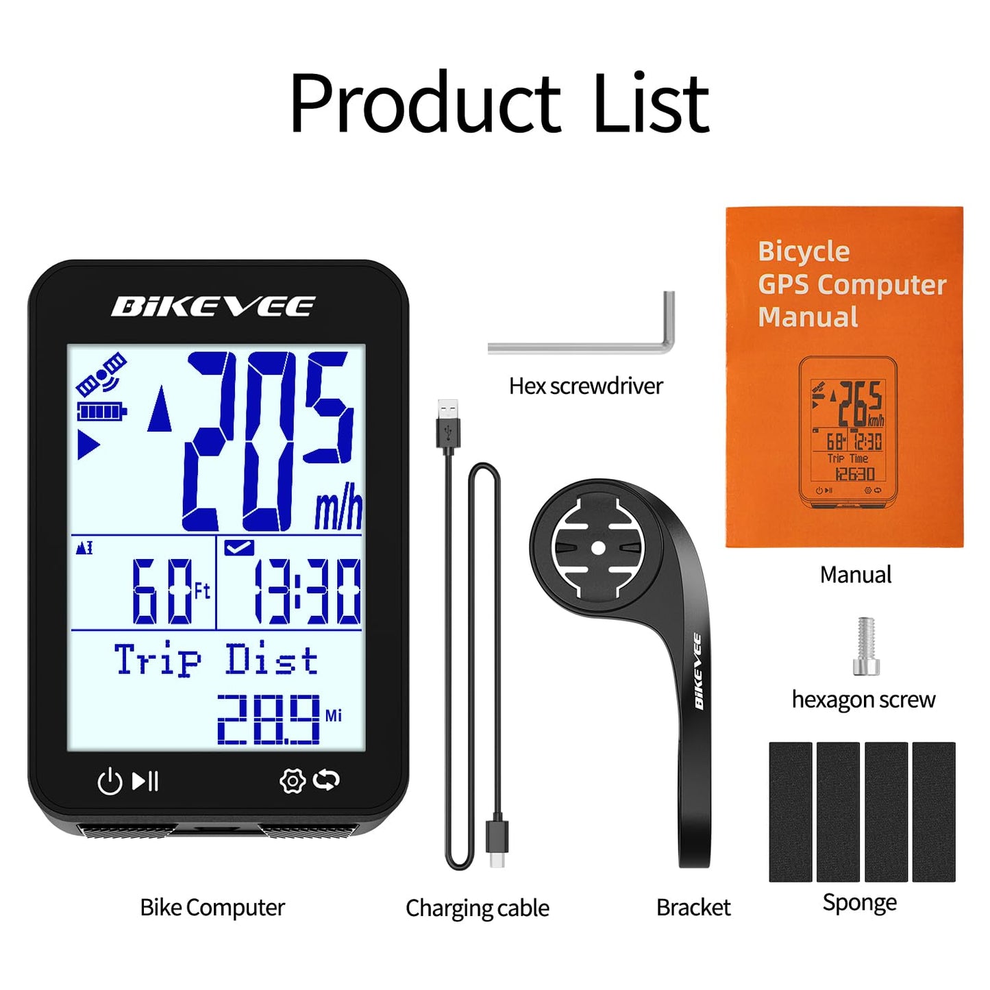 Bikevee GPS Bike Computer Wireless Bicycle Speedometer Odometer 9 Languages Auto Backlight Auto Start Stop IPX7 Waterproof 2.4 Inch LCD with Out Front Mount Supports MPH KMH - Black
