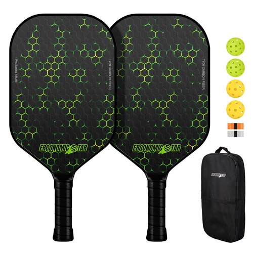 Ergonomicstar Pickleball Paddles Set of 2, T700 Carbon Fiber Face & 16mm Honeycomb Core Pickleball Paddle with 4 PickleBalls 2 Grip Tapes Carry Bag, Indoor Outdoor, Gift for Men Women(Green Texture)