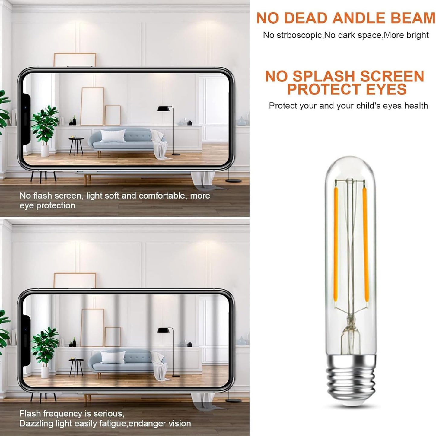 LHYueTong T10 LED Light Bulbs, Non dimmable E26 Edison Bulb, 4W Equals 40W Equivalent, Warm White, 2700K, 350LM for Rustic Pendant, Chandeliers, Wall Sconces,Vanity, Pack of 6