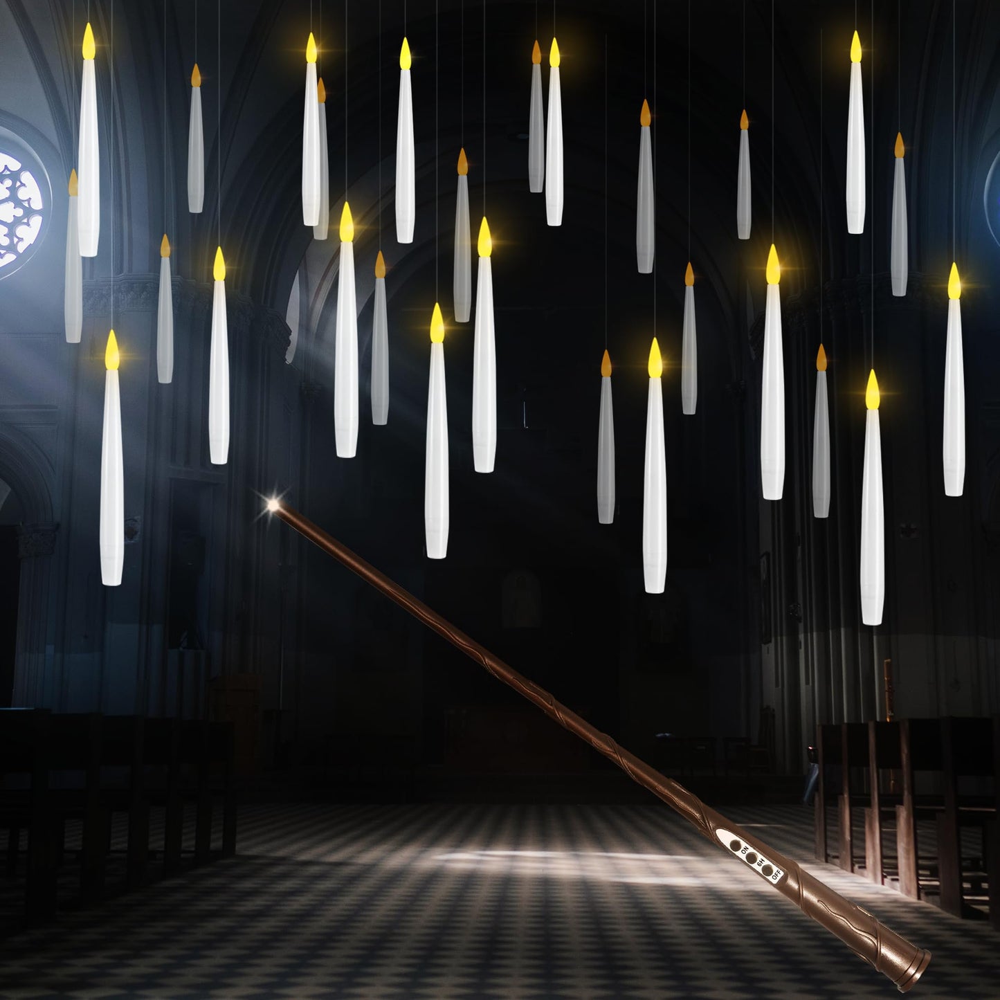 LUSHARBOR Floating Candles with Wand, 10 Pack Halloween Flameless Candles Battery Operated LED Taper Hanging Electric Candle for Christmas Halloween Birthday Party Decor 10.8in