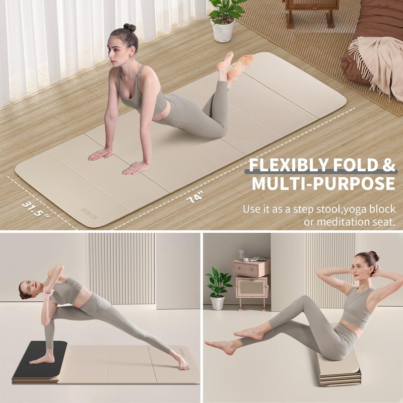 Foldable Yoga Mat Extra Thick & Large (74" x 31.5" x 0.32"), Double-Sided Non Slip & Lightweight Fitness Mat, 8mm Thick Wide Exercise Mats for Woman Man Kids, Portable Workout Mats for Travel, Studio or Home Use