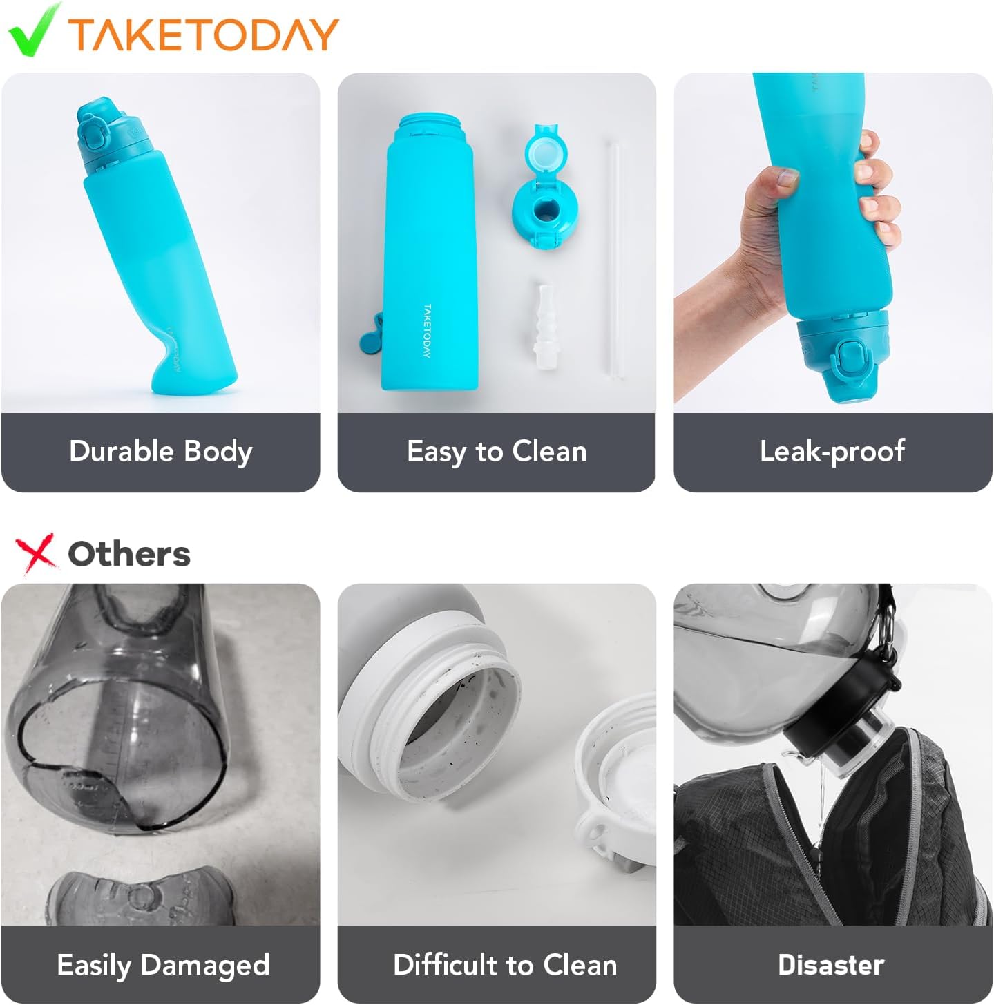 TakeToday Collapsible Water Bottle - 32oz Foldable & Leakproof Silicone for Travel & Hiking