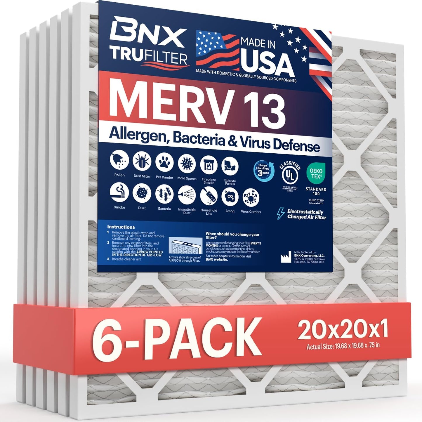 BNX TruFilter 12x12x1 MERV 8 Air Filters (6-Pack) - USA-Made Dust & Pet Defense for HVAC