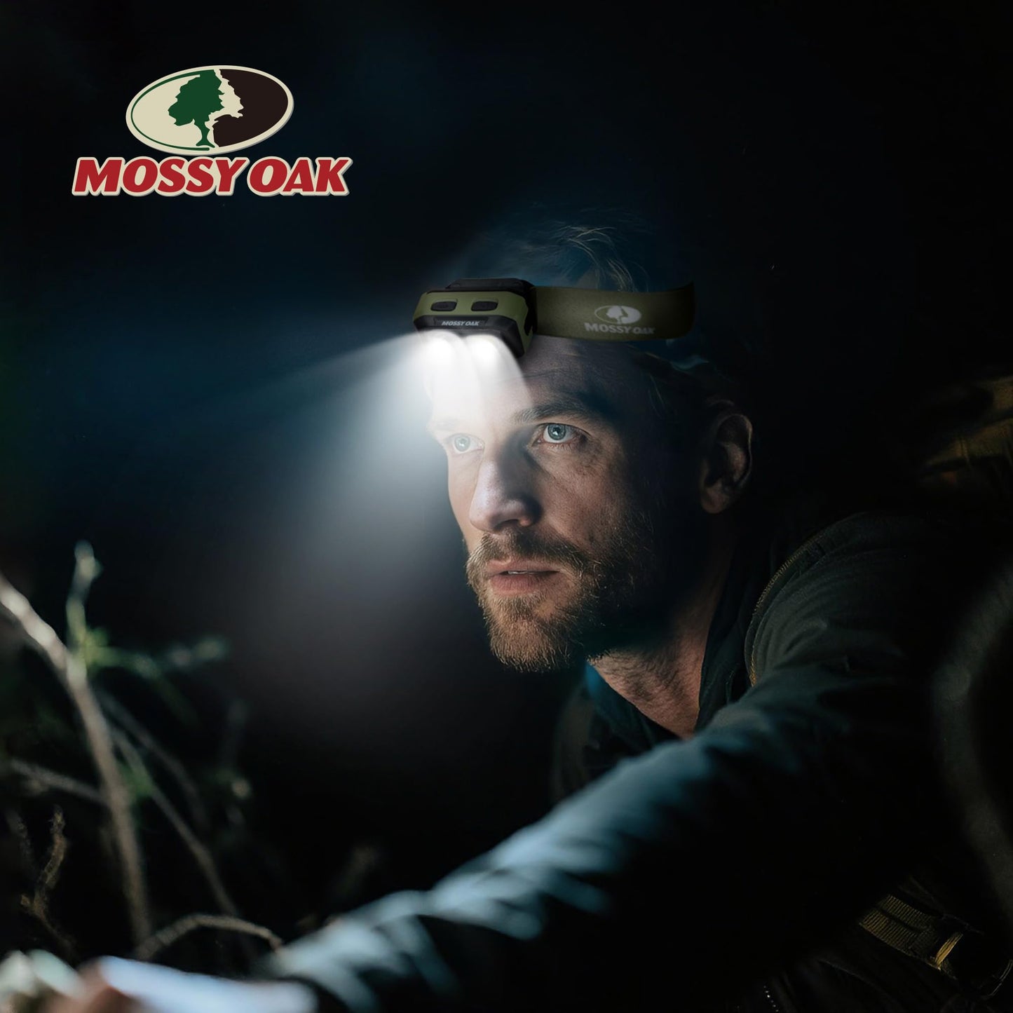 Mossy Oak 600 Lumens LED Headlamp, Dual Power Source, Motion Sensor Head Lamp with Magnetic Base, Stepless Dimming, Memory Mode for Camping, Hiking, Work, Repair, Mechanic