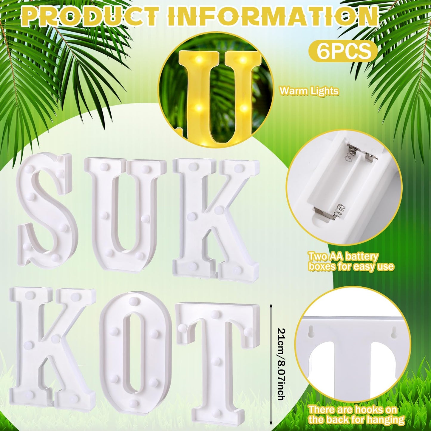 Aurelema 6 Pcs Happy Sukkot Decorations Sukkot Large LED Letter Sign 8.3 Inch LED Lights Battery Powered Table Decorations for Party Gift Tabletop Sukkah