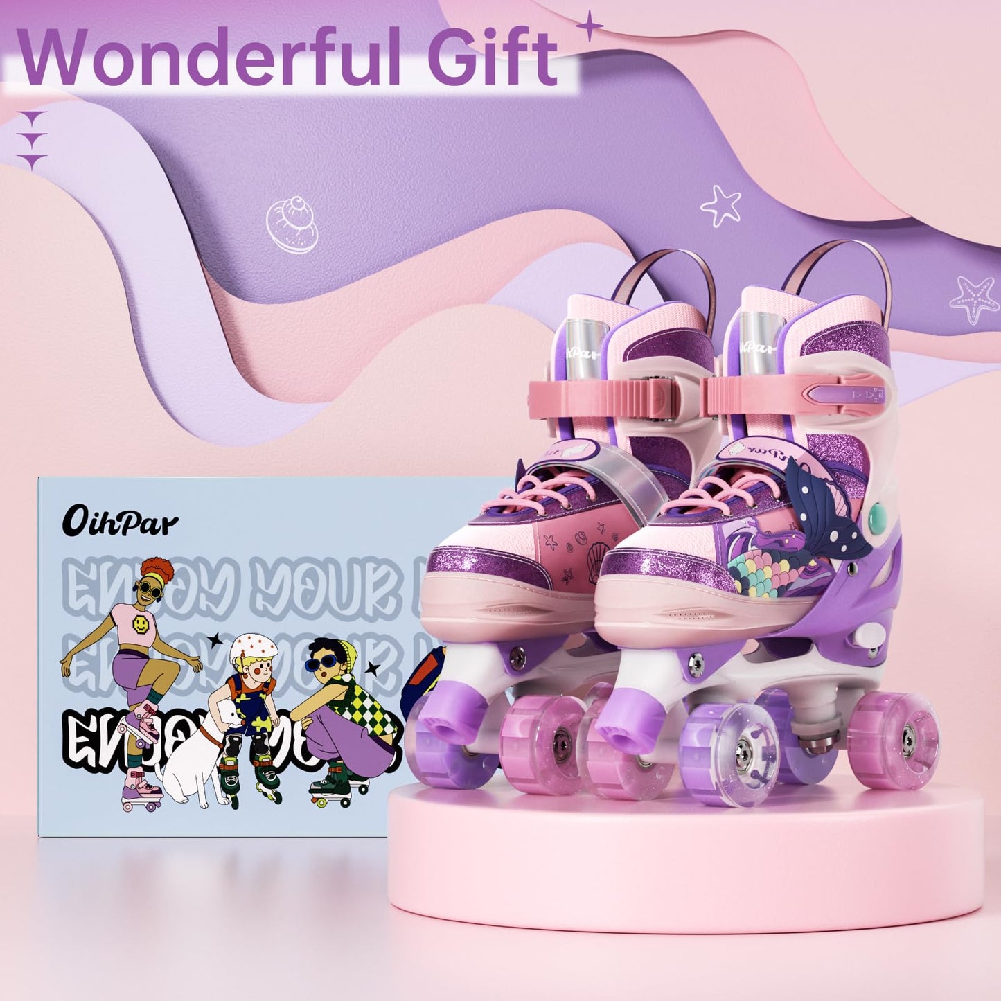 4 Sizes Adjustable Kids Roller Skates, Kids Roller Blades with Triple Safety Straps & LED Light Wheels Perfect for Beginners, Ideal Gift for Boys & Girls (Pink, Small(9C-12C))