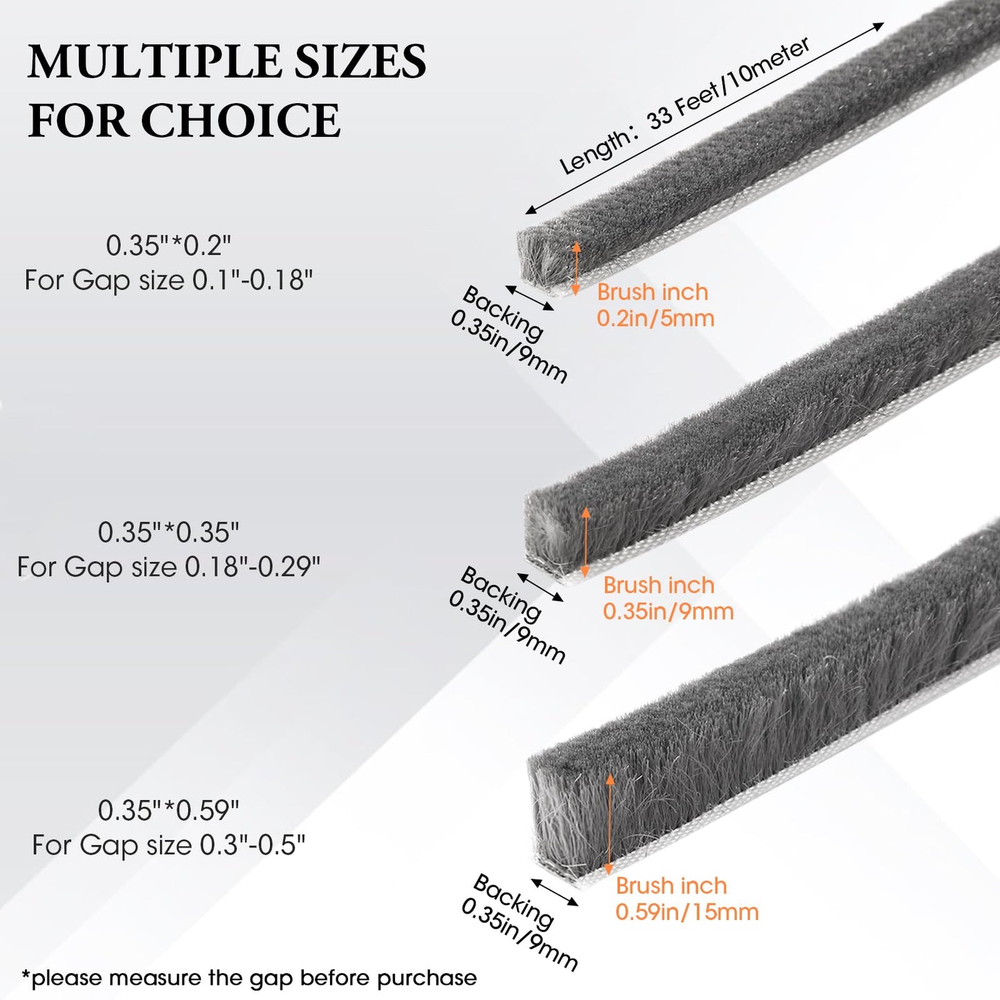 Weather Stripping Door Window Seal, 33Ft Self-Adhesive Brush Door Soundproofing Seal Strip for Sliding Windows and Door Frames, 0.35 Wide X 0.2 Inch Thick, Gray