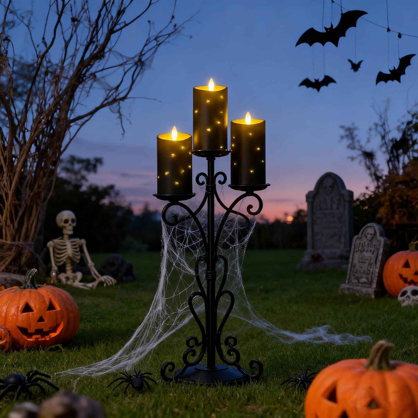 Lezonic Black Flameless Waterproof Outdoor Candles with Remote, 4Pcs Battery Operated Candles LED Flickering Dancing Flame, Built-in String Lights for Halloween Patio Room Decor, 3.25" x 6"