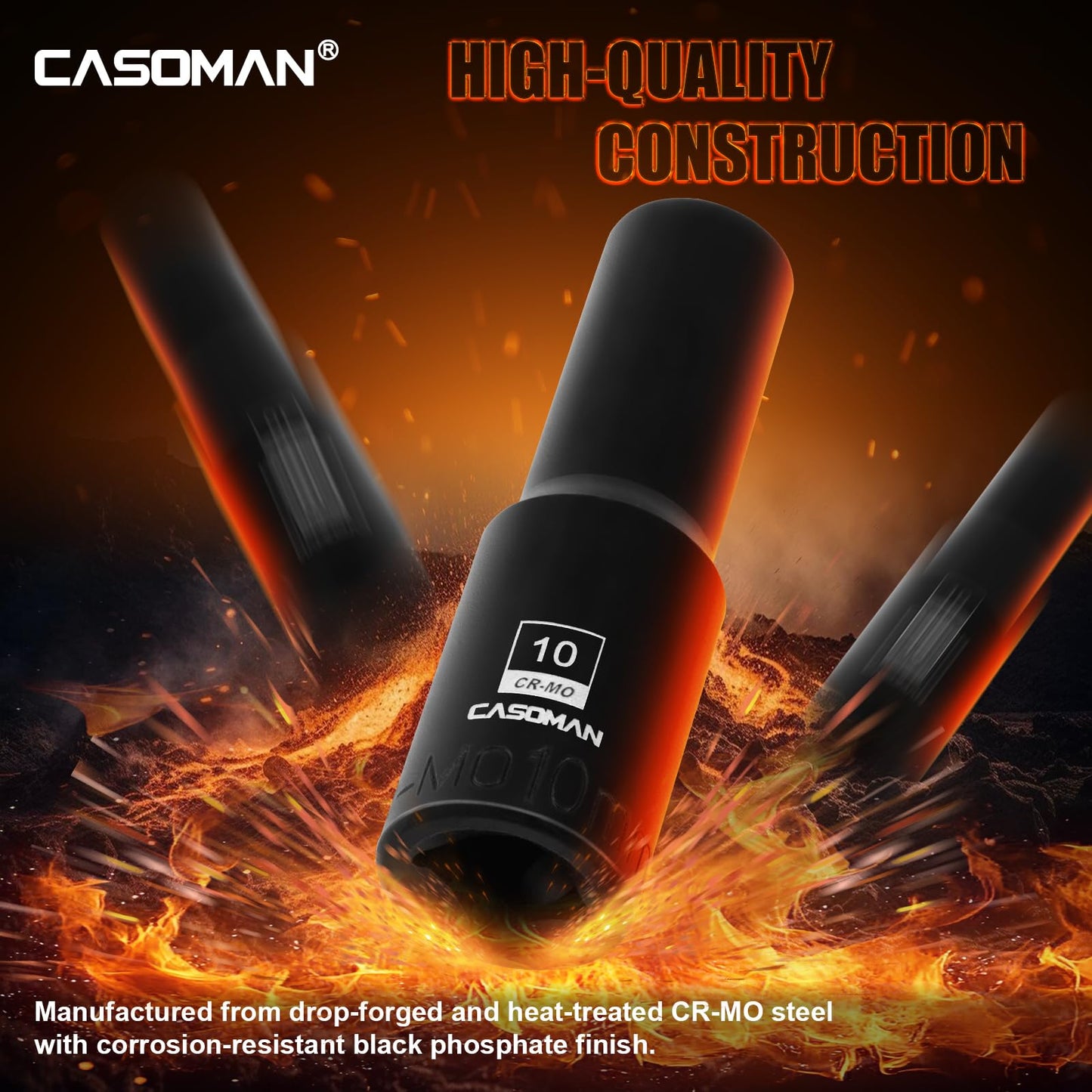 CASOMAN 3/8" Drive 10mm Deep Magnetic Impact Socket, Metric, 6-Point, CR-MO with Black Phosphate Finish