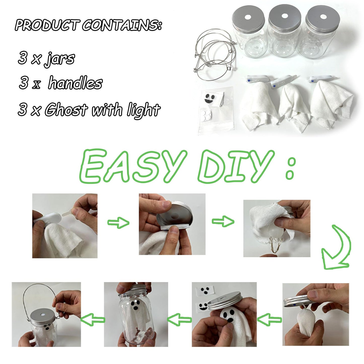 mishunyus 3 Pack Halloween Crafts for Kids -Light up Ghost Lantern DIY Jars Kit, Halloween Crafts for Kid Ages 4-12, Indoor/Outdoor Haunted House Decor