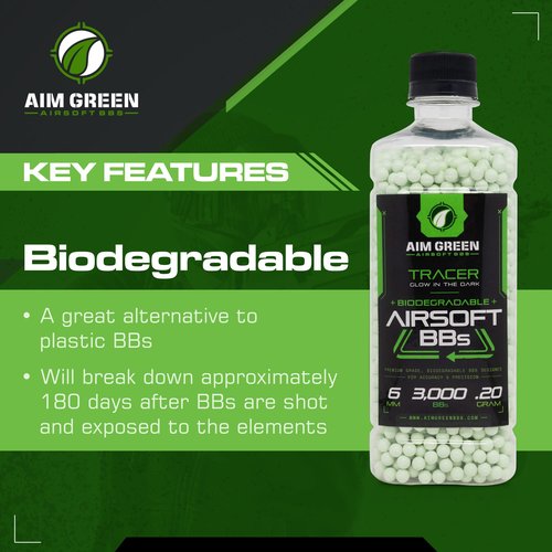 Aim Green Tracer Biodegradable Airsoft BBS, Glow-in-The-Dark BBS, 3,000 Count, .20 Grams