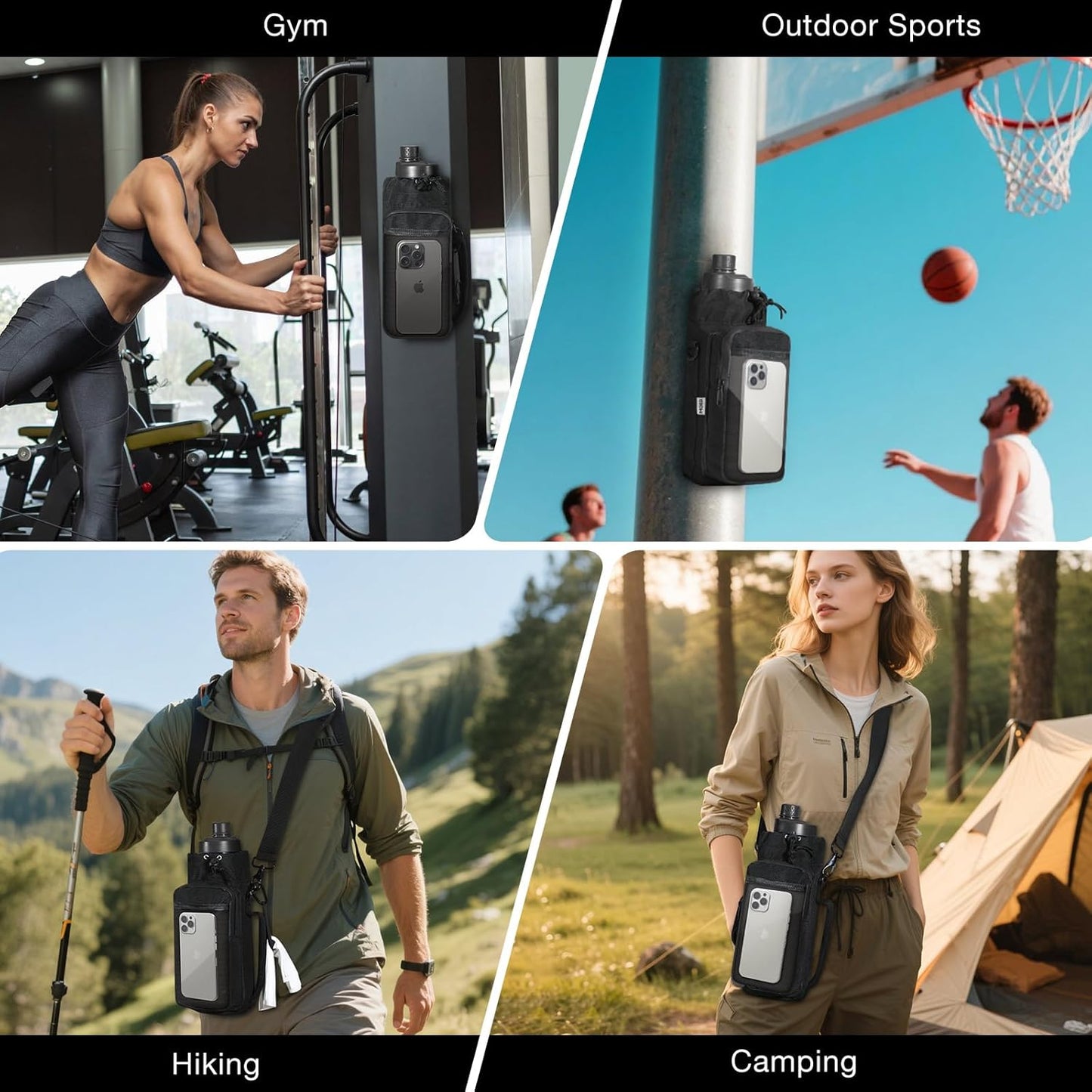 MoKo Magnetic Gym Bag - Water Bottle Holder with Clear Phone Pouch | 4 Built-in Magnets, Black