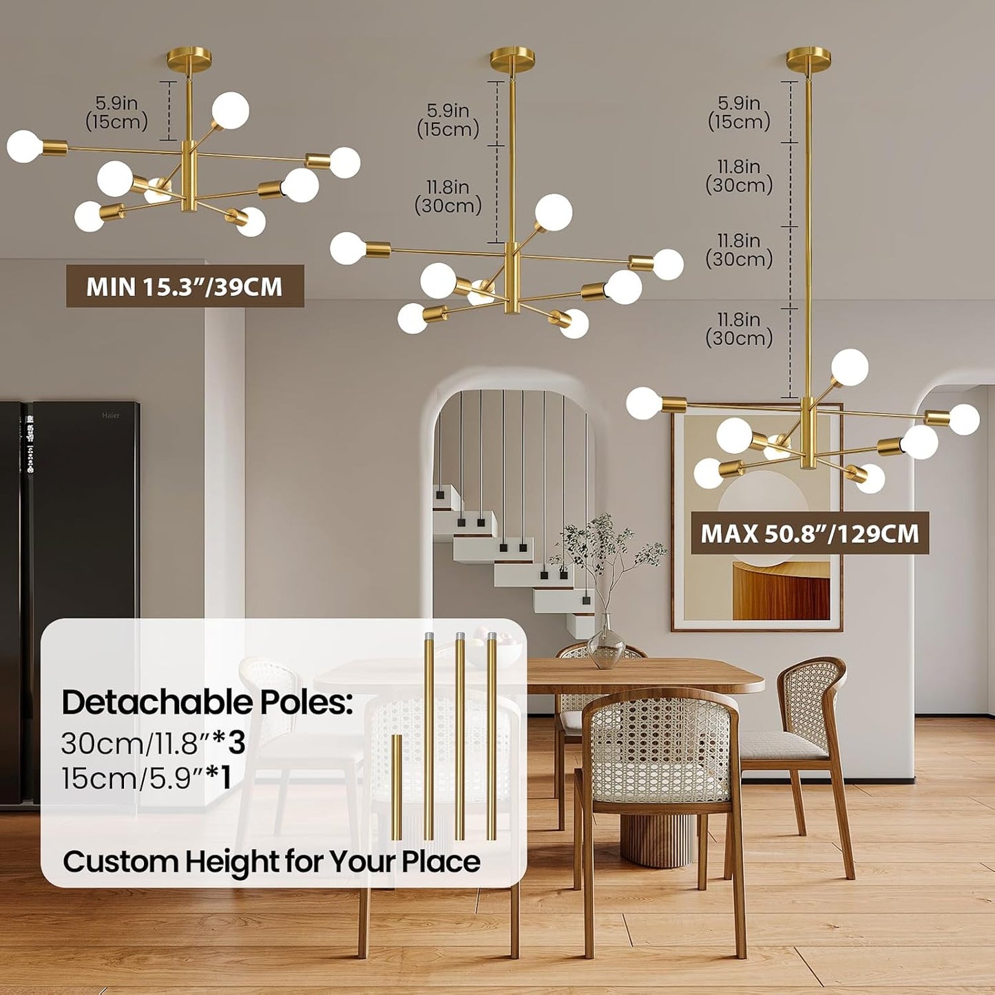 8-Light Gold Sputnik Chandelier - Modern Adjustable Ceiling Light for Dining Room, Kitchen & Foyer