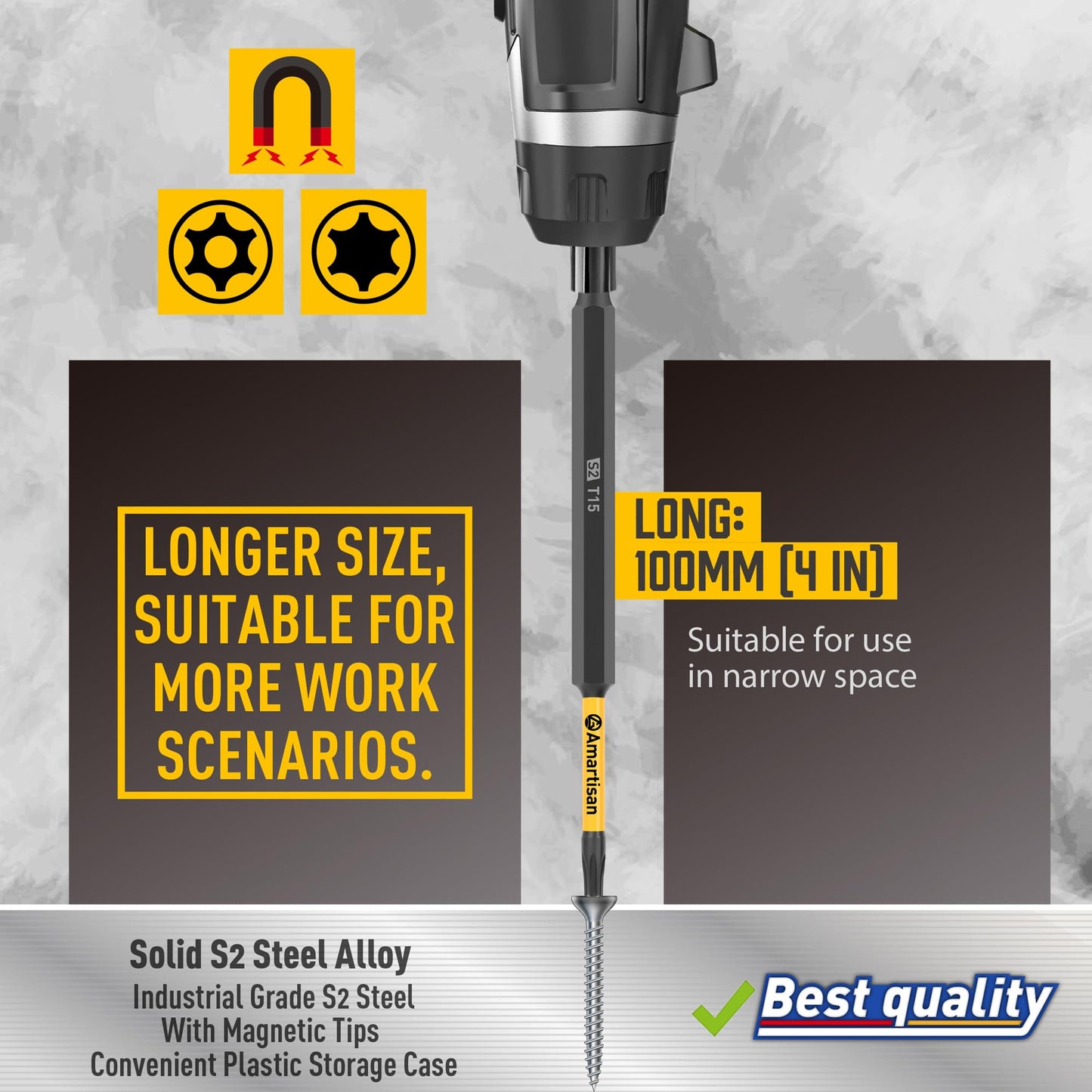 Amartisan 12-Piece Torx Bit Set, S2 Steel, 4" Long T5 - T40, Security, Tamper Resistant Fastener Drive Bit