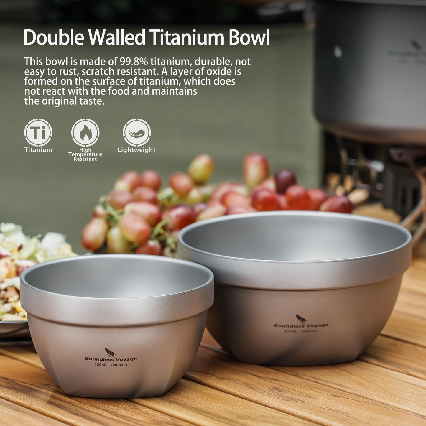 Boundless Voyage Titanium Double Walled Bowl Oatmeal Rice Soup Yogurt Bowl Ultralight Portable Tableware Outdoor Camping Metal Bowls (800ml)