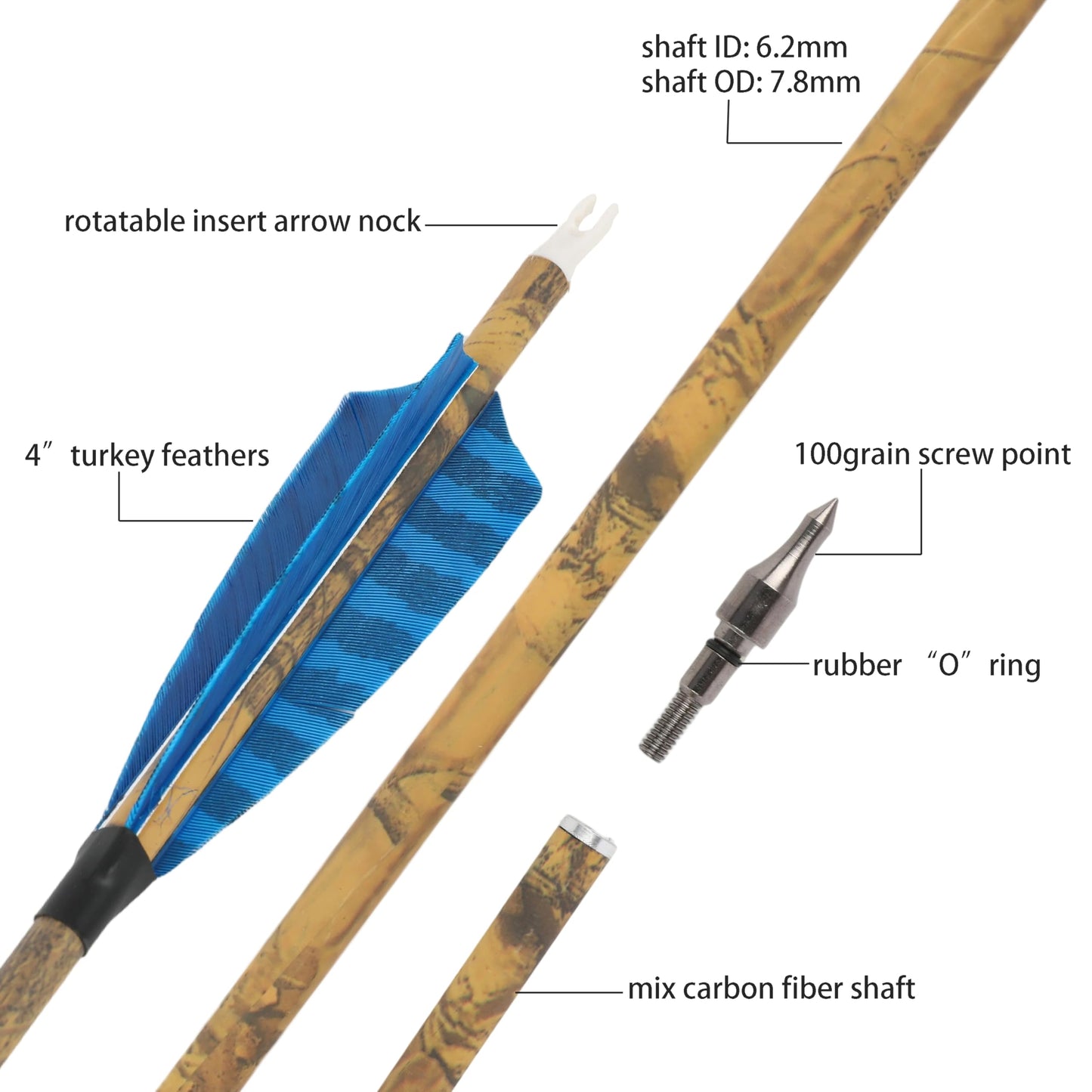 ZSHJGJR 30” Carbon Arrows Hunting Arrows with 4” Turkey Feather Removable Tips Archery Targeting Practice Arrows 500 Spine for Compound & Recurve & Traditional Bow 6/12pcs (12, Blue)