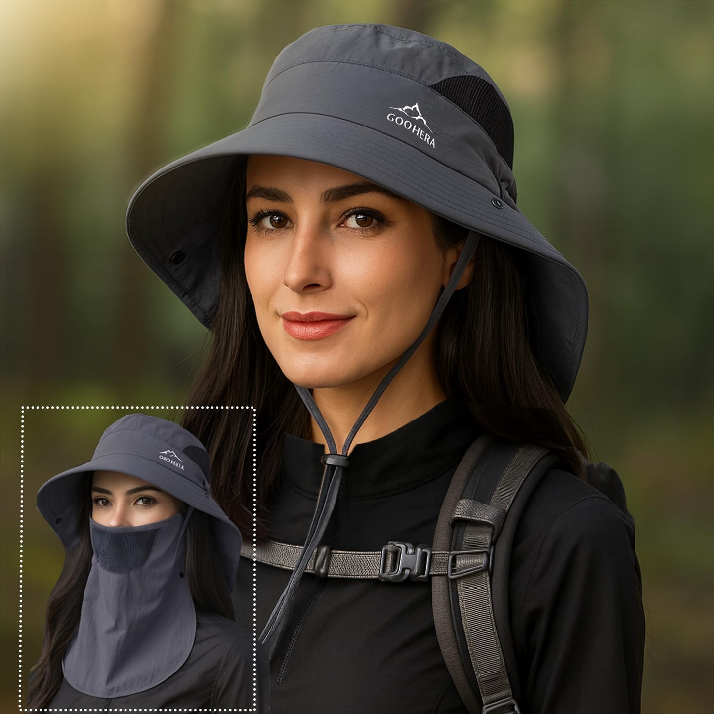 GOOHERA Sun Hat for Men & Women, Breathable Wide Brim Outdoor Fishing Hat with Face Cover & Neck Flap, UV Protection Summer Safari Hat – Dark Gray