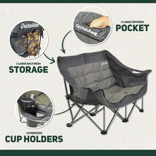 OUTSIDER Love seat Padded Lounge Chair, Oversized Folding Camping Sofa, Low Seat Double Camping Chair, Portable Outdoor Loveseat Supports 500 lbs for Beach, Tailgating, RV, Sports, Patio