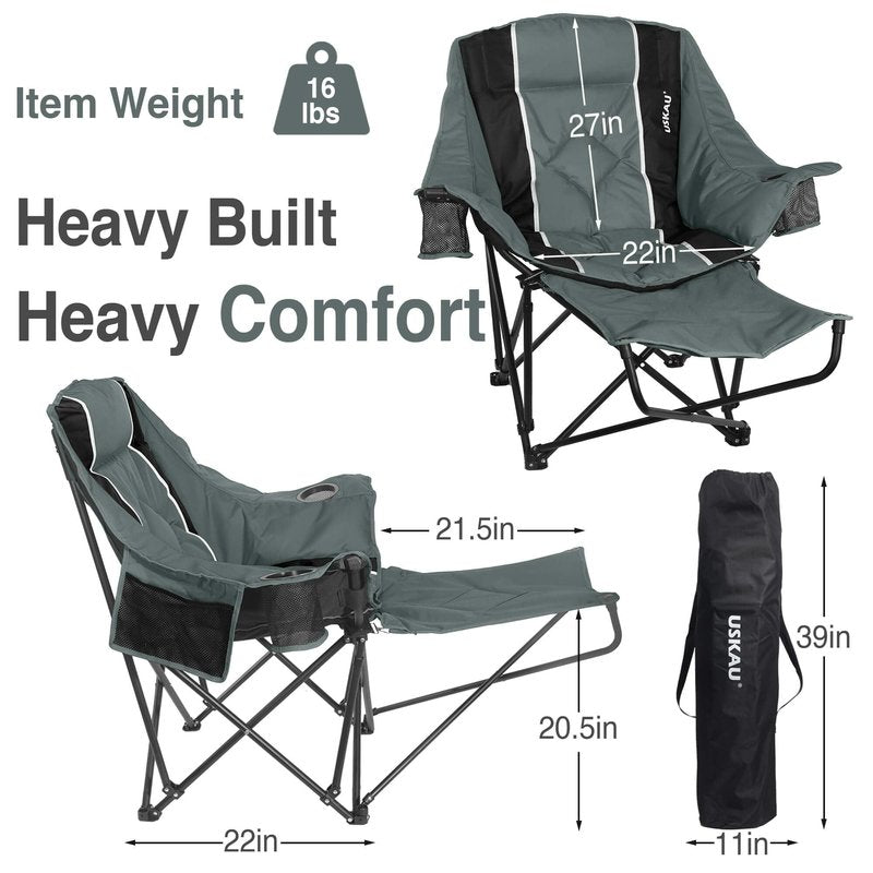 USKAU Camping Chair with Removable Footrest, Oversized Outdoor Chair with Headrest & Cup Holders, 300lb Capacity Lawn Chair for Sports Backyard Fishing