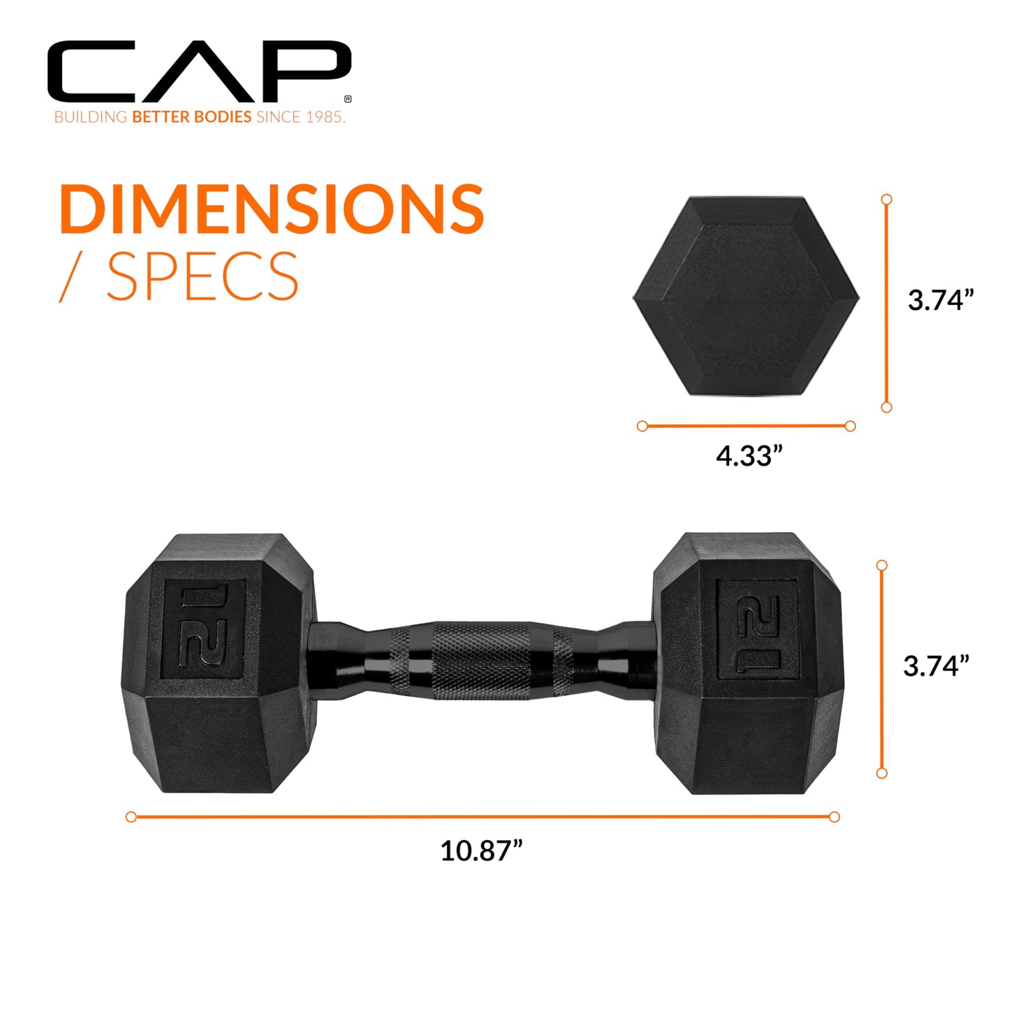 CAP 12 LB Rubber Coated Hex Dumbbell Weight, Rubber Free Weights for Home Gym Strength Training, Black Oxide Handle, Single