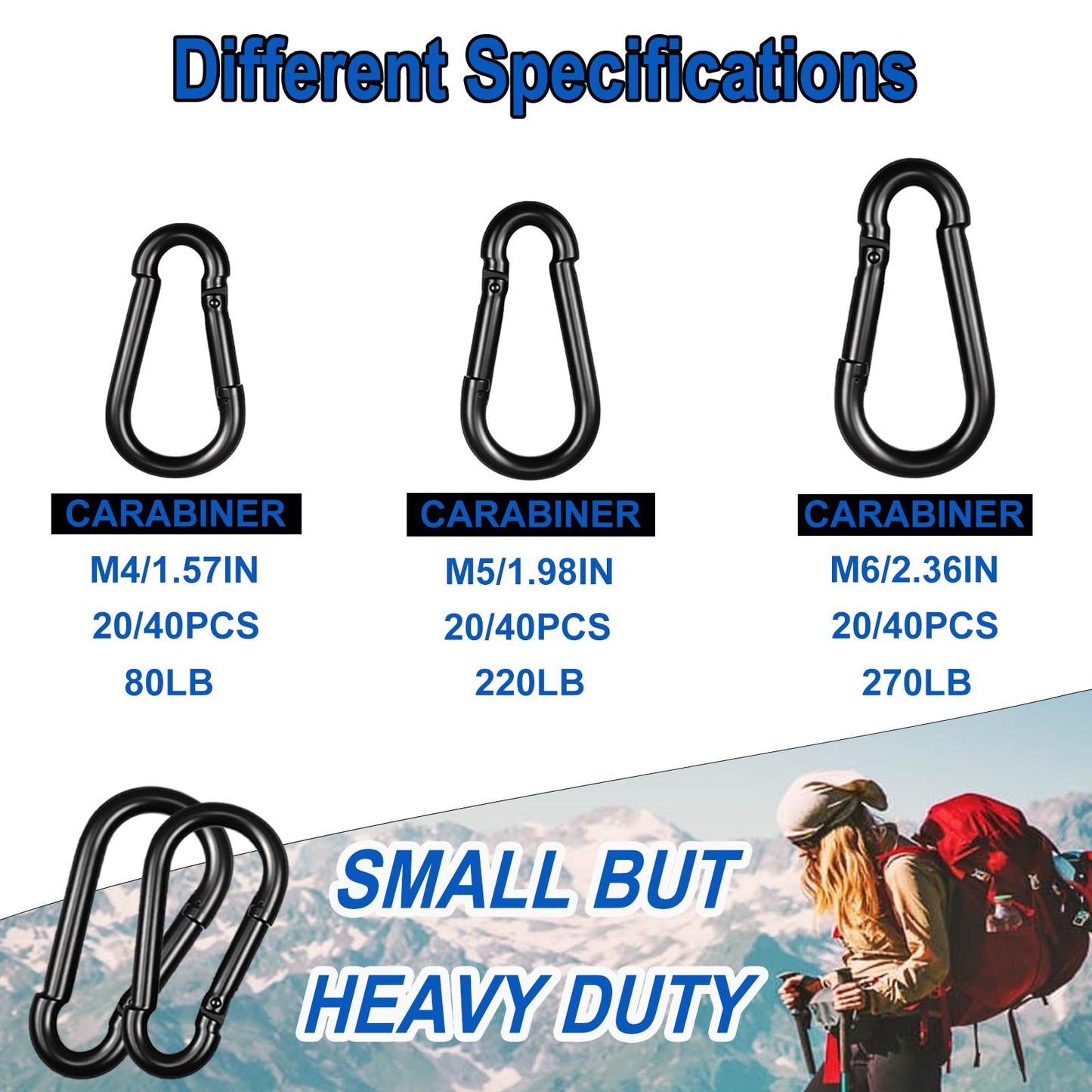 40PCS M6 Heavy Duty Carabiner Clip, 2.36Inch Snap Hook Quick Link Small Carabiner Clips,Spring Link Buckle for Fishing Camping Hammock Dog Leashes-260LBS Holding Capacity (Black)